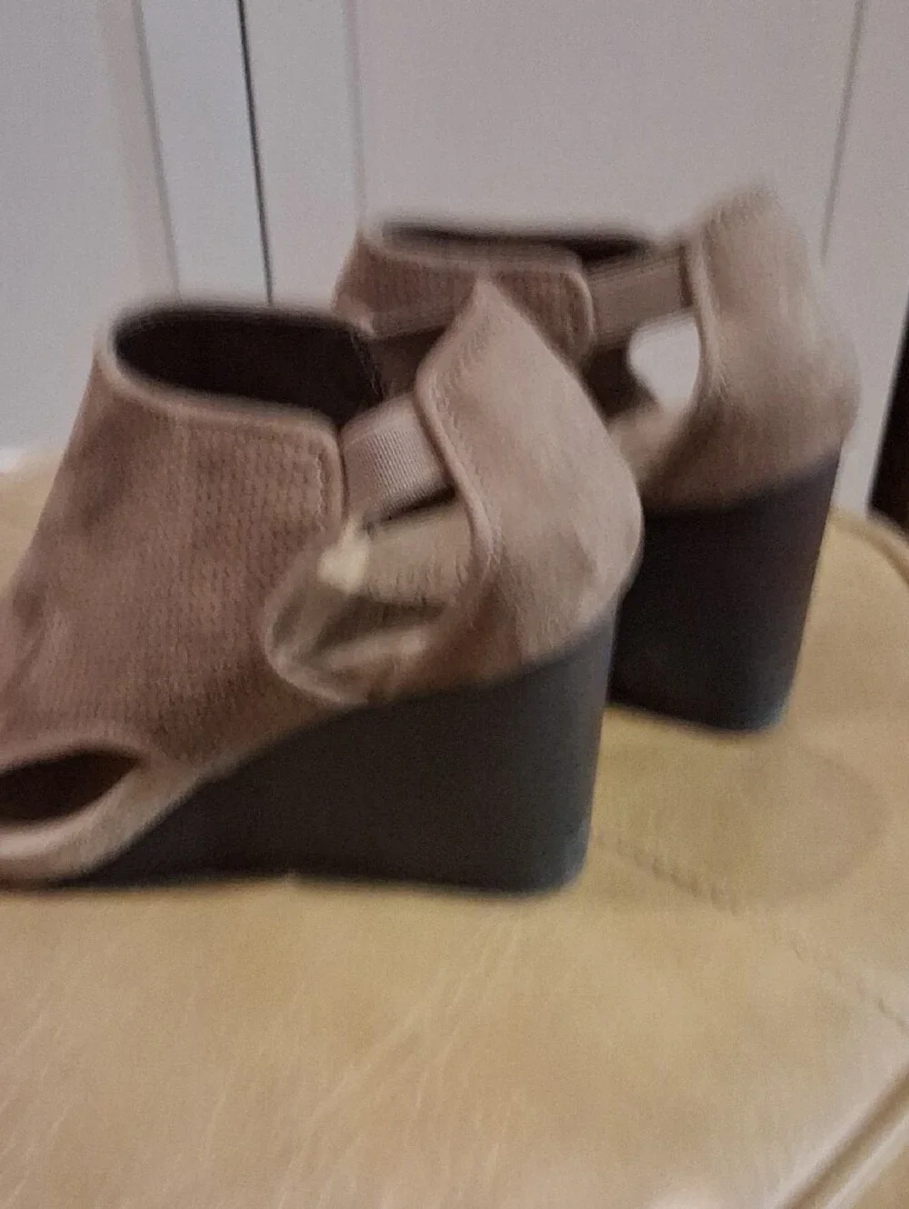 Life Stride Taupe Perforated Suede Peep-Toe Wedge Booties